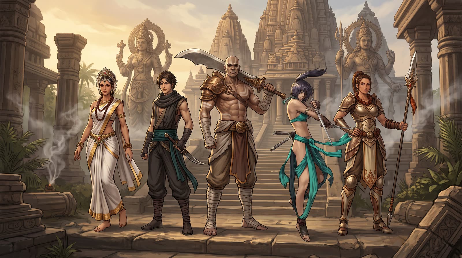 Five Kathana adventurers standing together on the temple stairway in golden light
