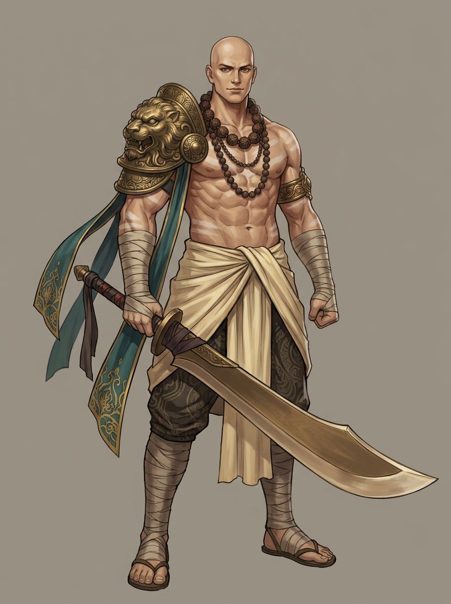 A bald ascetic warrior, bare chested with ash markings, a lion headed bronze pauldron and an enormous curved blade