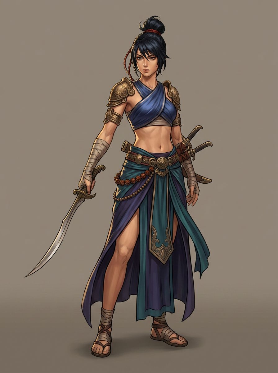 A blade dancer holding a curved tulwar, in a blue silk wrap top and layered slit skirt with a sea green sash