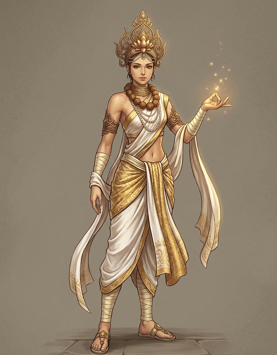 An oracle draped in white and gold silk with a lotus crown, rudraksha strands, and light gathering at her fingertips