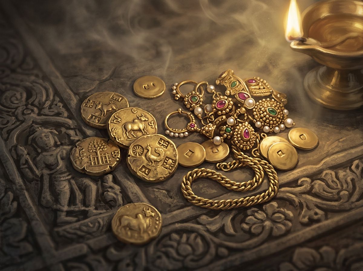 Ancient gold coins and temple jewellery resting on carved sandstone