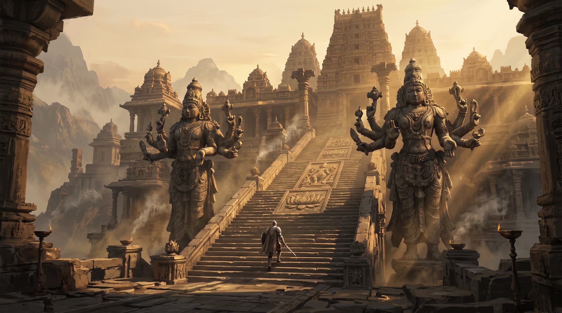 The stone temple complex of Kathana at dusk, two colossal deity statues flanking a long stairway