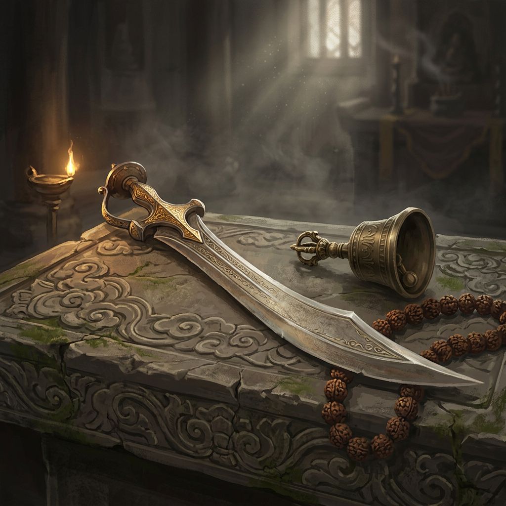 A ceremonial sword and a bronze ritual bell on a carved stone slab, beside a string of prayer beads
